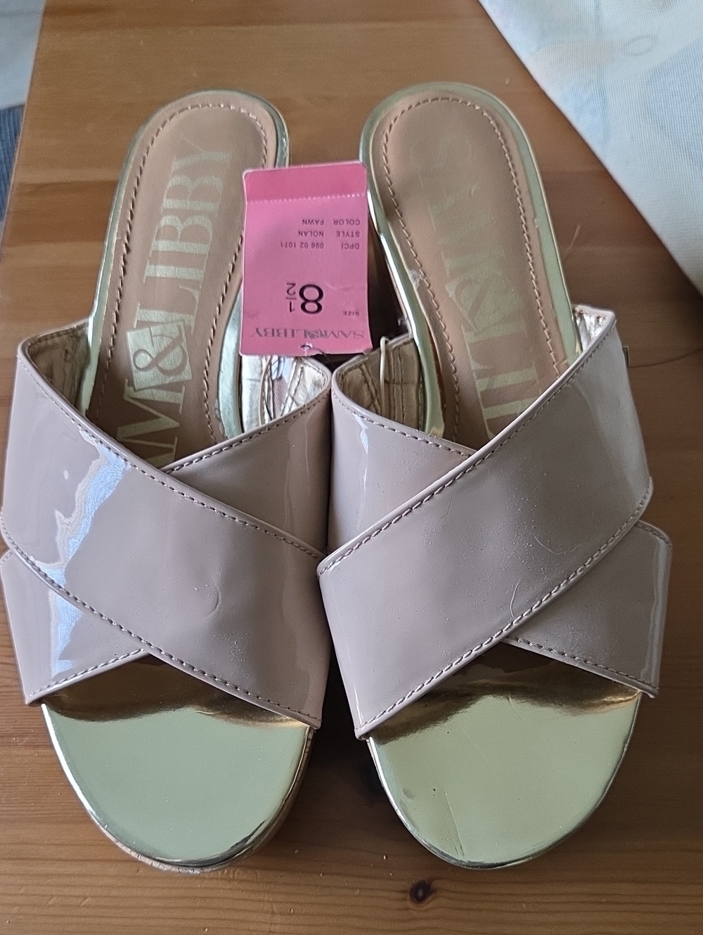 Sam & Libby Fawn/Nude Patent Cross-Strap Slide Mules - NWT